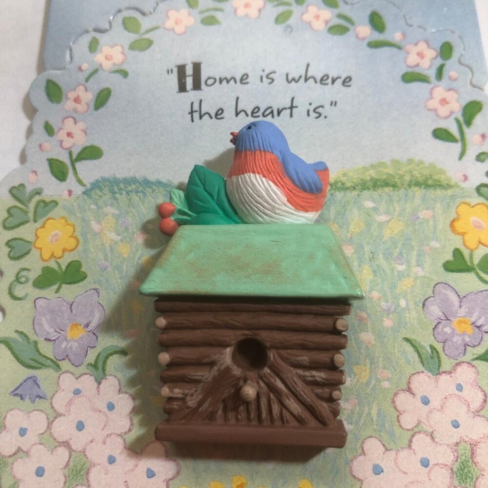 New Vintage Hallmark Lapel Pin Easter Bluebird on Log Cabin Birdhouse Spring